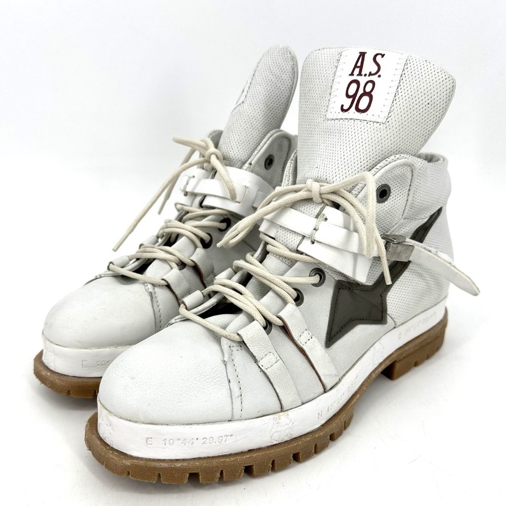 NWOT A.S.98 White & Gray Leather Combat Ankle Boots, EU 40 (US Womens 9.5/10)